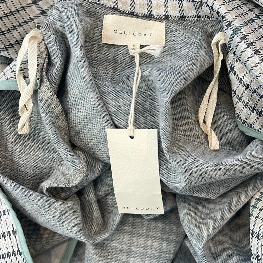 Melloday TRENCH COAT GREY BLUE PLAID SLASH POCKET OPEN FRONT - Picture 6 of 7